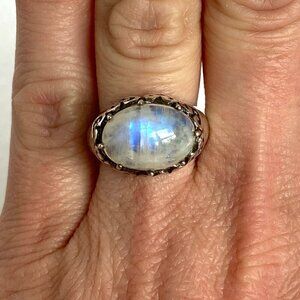 Sterling Silver 925 Oval East West Moonstone Cabochon Heart Bezel Ring Sz 5.5